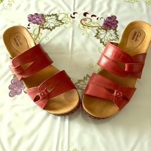 Cherry red slide in Clarks sandals